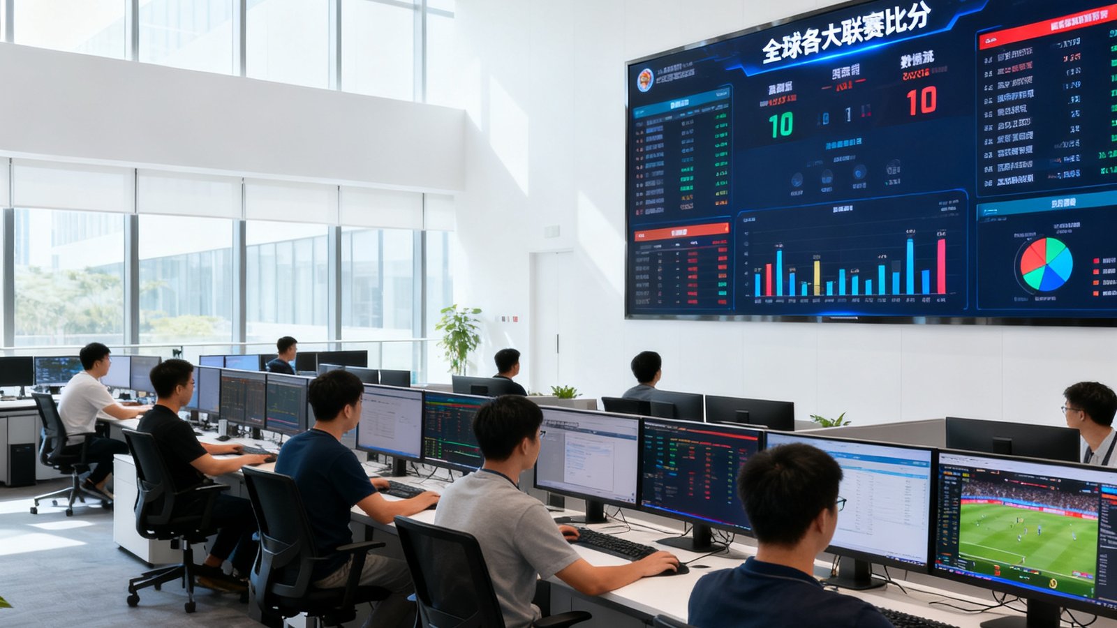 开云体育深圳总部开放式办公区，数十名工程师正在多屏幕前监控赛事数据流，墙上大屏幕实时显示全球各大联赛比分和数据图表，办公环境现代明亮