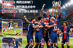 欧洲冠军联赛决赛赛后战报封面图，球员在终场哨响后激动庆祝胜利的画面，图文配合详细复盘比赛关键节点